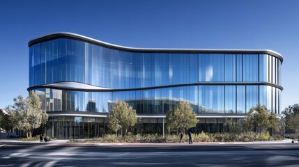 Obraz premium Modern building with curved glass facade reflecting sky. Contemporary architectural design against a clear blue backdrop