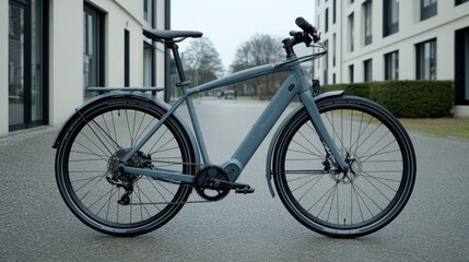 A sleek, modern bicycle parked in an urban setting, designed for commuting and leisure.