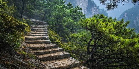 The winding stone steps of mountain, surrounded by green pines and cypresses, generative AI
