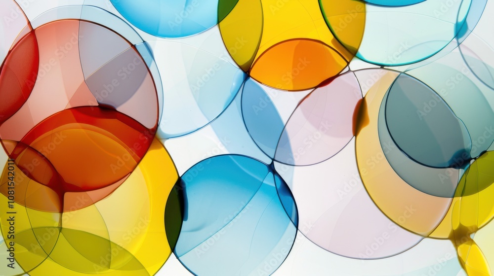 Poster An abstract composition of interconnected circles of different sizes and colors against a seamless white backdrop, Illustrating unity in diversity, photography style