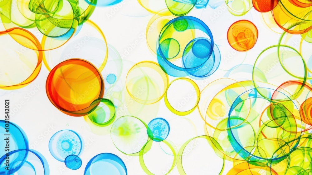 Poster An abstract composition of interconnected circles of different sizes and colors against a seamless white backdrop, Illustrating unity in diversity, photography style