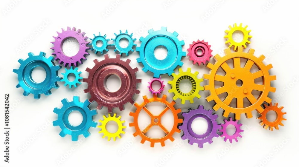 Poster An abstract composition of interconnected gears in various colors against a seamless white backdrop, Symbolizing diversity in teamwork, photography style