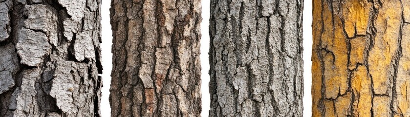 Obraz premium A collection of four different tree bark textures showcasing various colors and patterns.