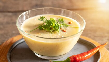 Refreshing Leche de Tigre in a Light Glass Bowl, Paired with Fresh Coriander and Red Chili for a Zesty Peruvian Appetizer, Captured in Soft, Bright Light