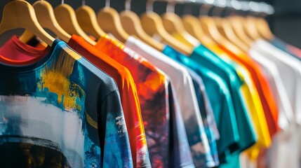 Fototapeta premium Colorful custom-printed t-shirts on hangers, showcasing dye sublimation printing technique.