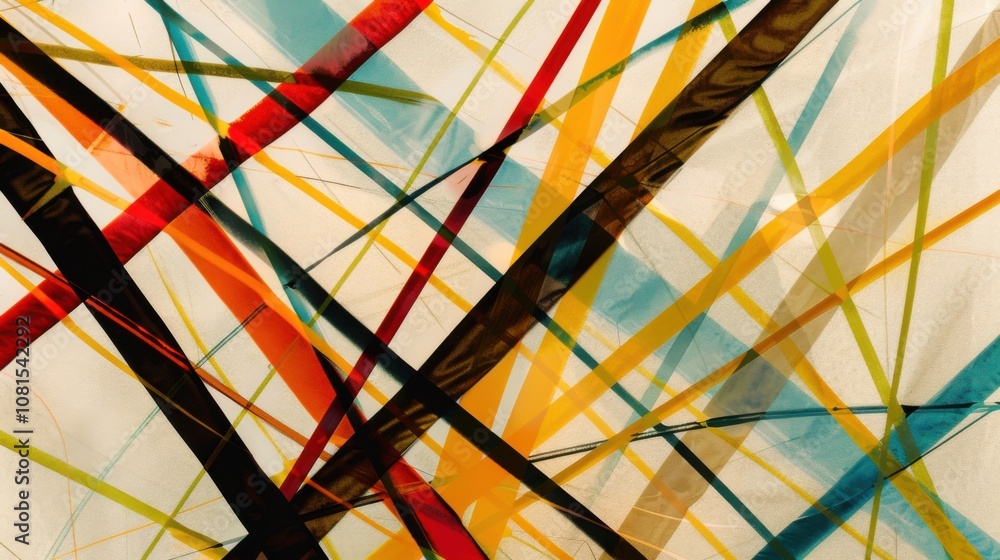 Poster An abstract composition of intersecting lines in vibrant colors against a neutral backdrop, Illustrating connection and diversity, photography style