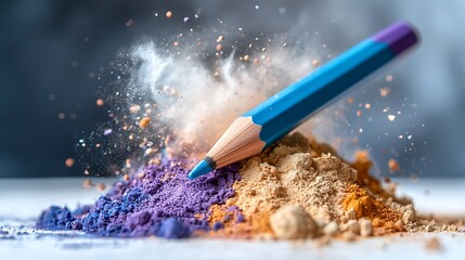 The blue and purple pencil lays delicately on top of a vibrant pile of colored powder, creating a visually striking contrast against the dusty hues.