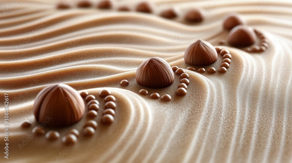 Poster hazelnuts arranged in a curved line with a textured background.