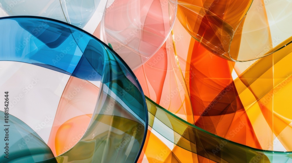 Poster An abstract composition of overlapping transparent layers in vibrant colors against a neutral backdrop, Illustrating transparency and diversity, photography style