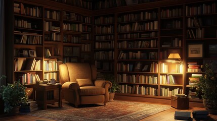 Library-inspired study with tall bookshelves, cozy reading chair, warm lighting, and quiet, peaceful ambiance