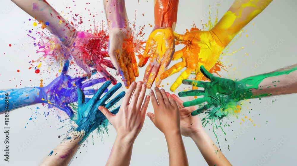 Poster An abstract depiction of diverse hands creating a rainbow of paint splashes on a clean canvas, Representing the creative power and impact of different perspectives coming together, minimalist style
