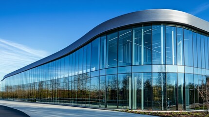 Fototapeta premium Modern building with curved glass facade reflecting sky. Contemporary architectural design against a clear blue backdrop