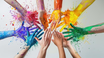 An abstract depiction of diverse hands creating a rainbow of paint splashes on a clean canvas, Representing the creative power and impact of different perspectives coming together, minimalist style
