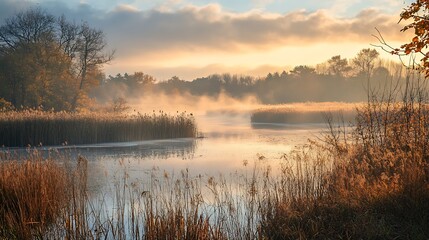 Obraz premium Misty Morning Sunrise Over Calm Lake with Fog and Reeds