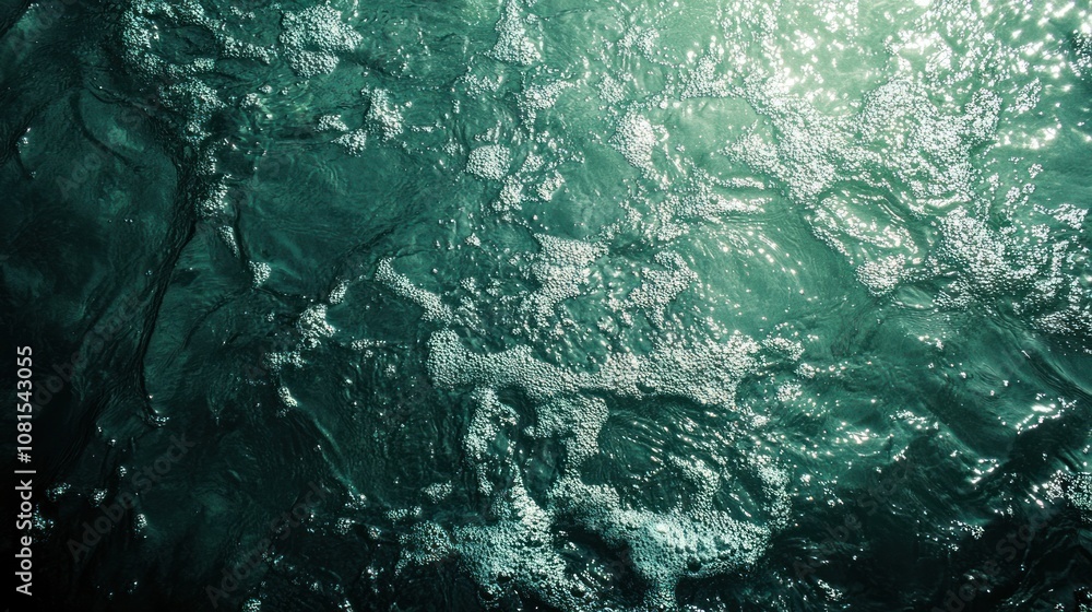 Poster featuring a textured surface of dark green water, with soft waves and tiny splashes illuminated by s