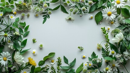 Beautiful Arrangement of Fresh White and Yellow Flowers and Green Leaves on Soft Gray Background, Perfect for Nature Inspired Designs and Creative Projects