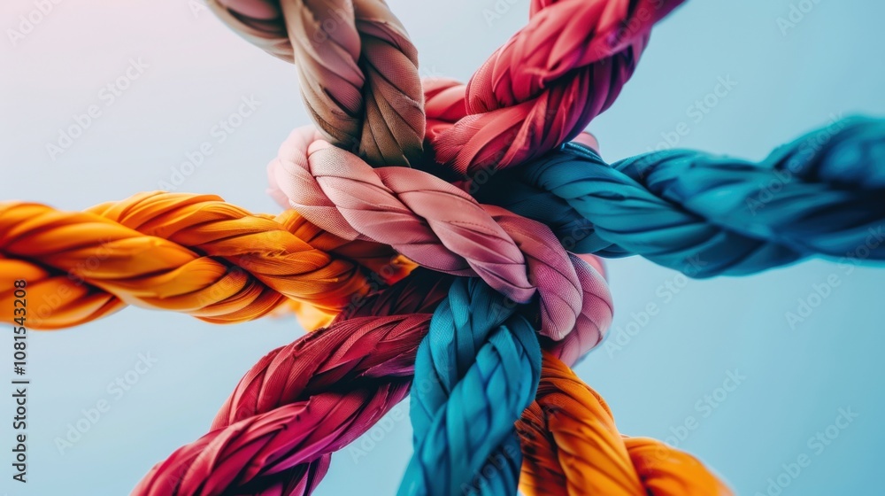 Poster an abstract illustration of allyship, with intertwined ropes of different colors forming a unified, 