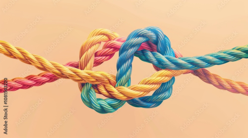 Poster an abstract illustration of allyship, with intertwined ropes of different colors forming a unified, 