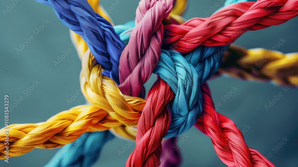 Poster an abstract illustration of allyship, with intertwined ropes of different colors forming a unified, 