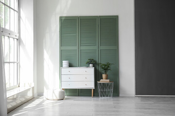 Chest of drawers, houseplant and green folding screen in interior of light living room