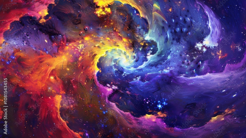 Poster an abstract image of a vibrant, swirling galaxy composed of different colored stars and cosmic eleme