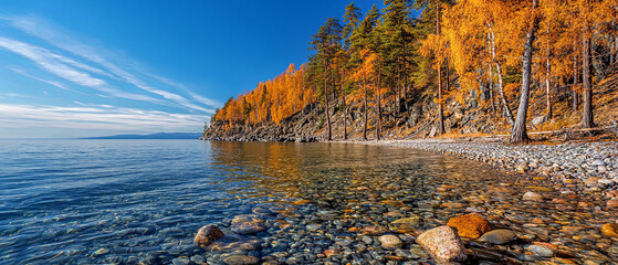 Naklejka premium Colorful autumn trees on the shore of lake, pebbles and rocks in clear water, generative AI