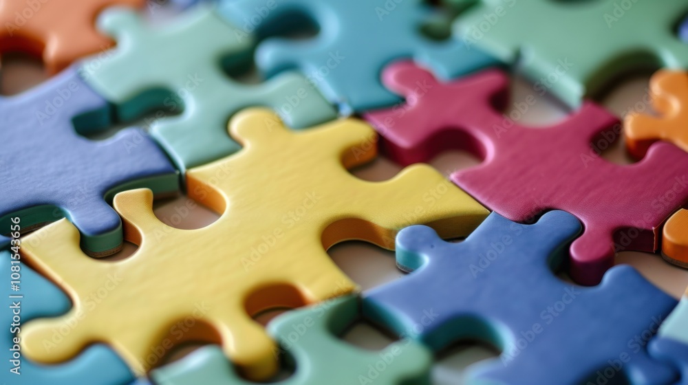 Poster An abstract image of interconnected puzzle pieces, each piece in a different color, fitting seamlessly together