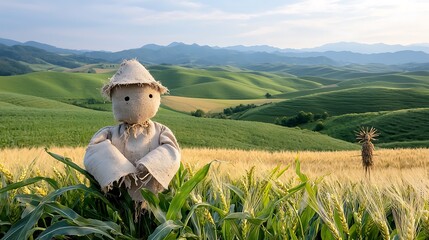 Fototapeta premium The rural landscape was painted with rolling hills of verdant green, dotted with fields of golden wheat and corn