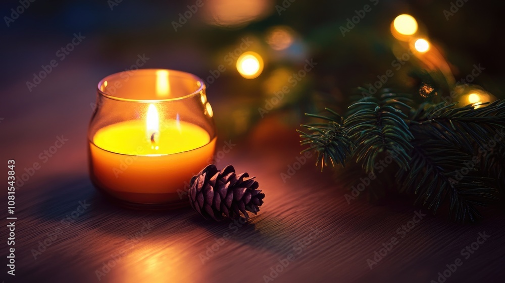 Poster warm candlelight in cozy setting with pine cone and evergreen branch adding touch of nature