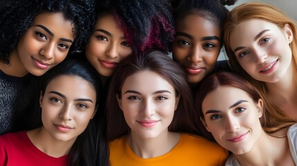 Obraz premium Diverse group of young women from different ethnic backgrounds smiling and celebrating together,showcasing the joy and unity of a multicultural community.