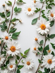 Beautiful Flat Lay Composition of White Daisies and Green Leaves on a Soft White Background, Perfect for Nature-Inspired Designs and Fresh Floral Themes