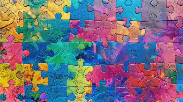 An abstract pattern of interlocking puzzle pieces in vibrant colors against a monochromatic background, Representing integration and unity, photography style