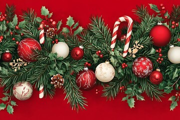 Whimsical Christmas frame with fir branches, candy canes, and fairy lights on a bright red background. Holiday concept.
