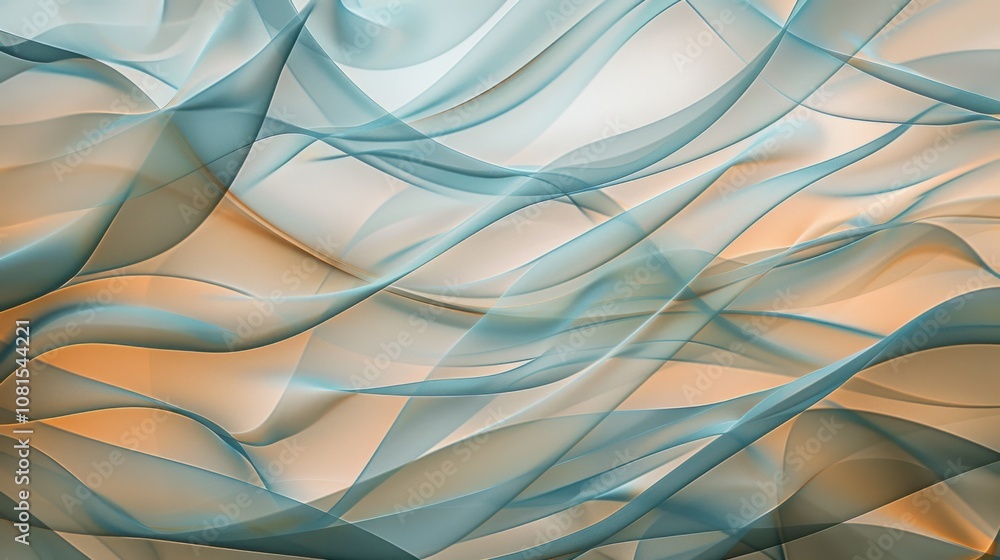 Poster an abstract pattern of intersecting waves in soothing colors against a seamless white backdrop, refl