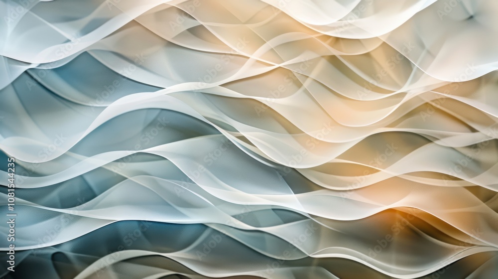 Poster an abstract pattern of intersecting waves in soothing colors against a seamless white backdrop, refl