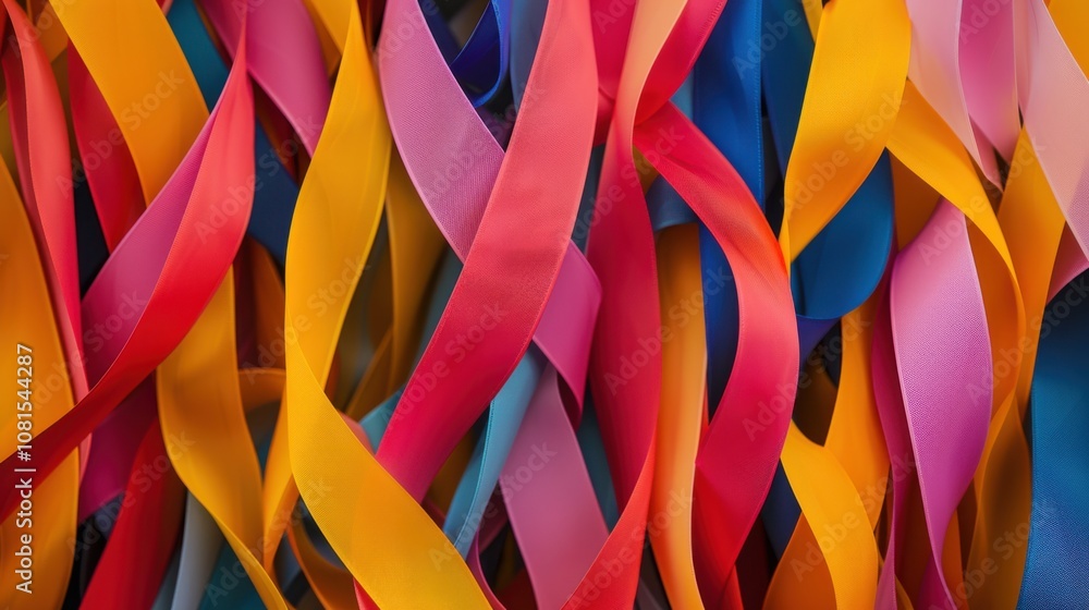 Poster an abstract pattern of intertwined ribbons in vibrant colors against a neutral backdrop, illustratin