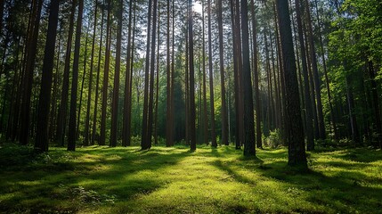 Fototapeta premium Sunlight streaming through tall pine trees in a lush green forest