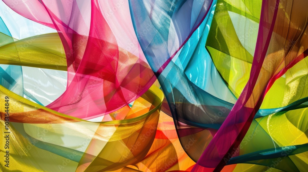 Poster An abstract pattern of overlapping transparent layers in vibrant colors against a neutral backdrop, Representing transparency and diversity, photography style