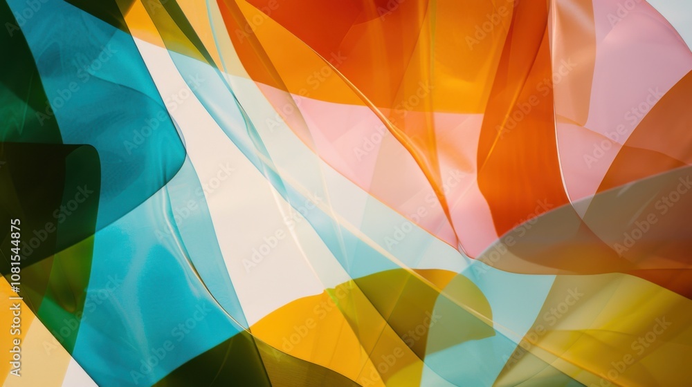 Poster An abstract pattern of overlapping transparent layers in vibrant colors against a neutral backdrop, Representing transparency and diversity, photography style
