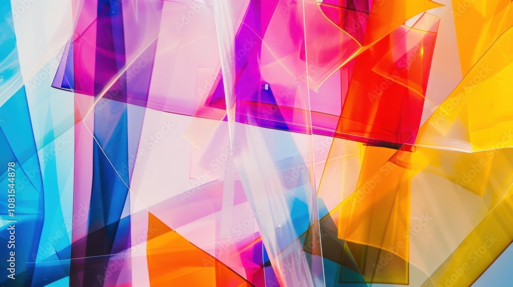Poster An abstract pattern of overlapping transparent layers in vibrant colors against a neutral backdrop, Representing transparency and diversity, photography style