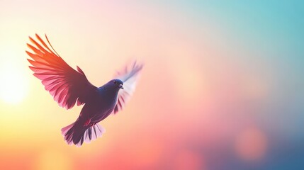 Obraz premium Bird in flight against pastel sunset sky