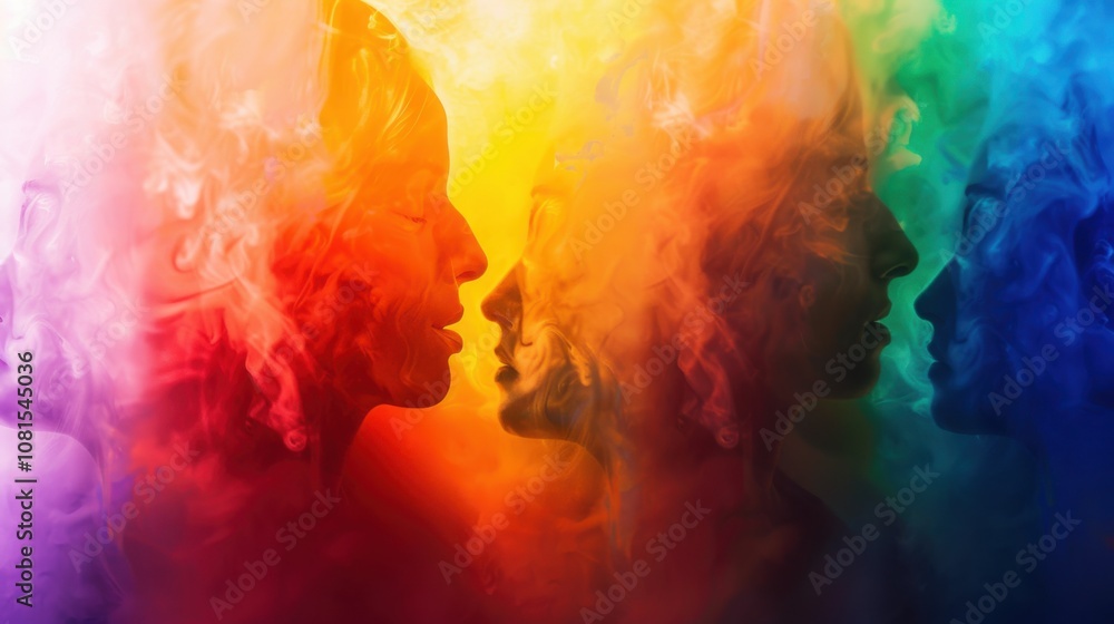 Poster An abstract representation of a spectrum of colors merging into one another, Symbolizing unity in diversity, photography style