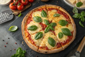 A top view of a traditional Italian pizza with basil and cheese