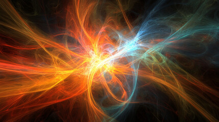 Abstract background with swirling orange, yellow, and blue light streaks.