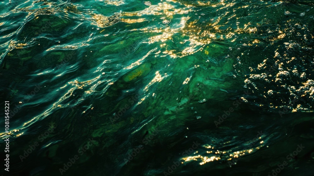 Poster featuring a textured surface of dark green water, with soft waves and tiny splashes illuminated by s