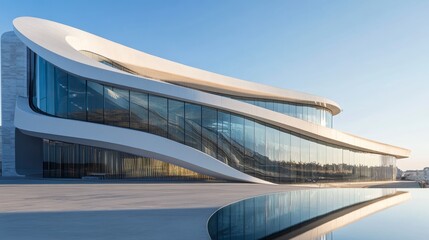 Fototapeta premium Modern building with curved glass facade reflecting sky. Contemporary architectural design against a clear blue backdrop