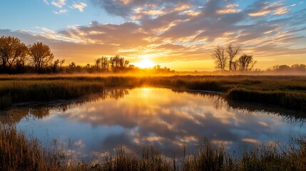 Obraz premium Sunrise over calm lake with reflection and fog. Golden light, morning sky, nature photography.