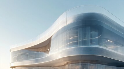 Obraz premium Modern building with curved glass facade reflecting sky. Contemporary architectural design against a clear blue backdrop