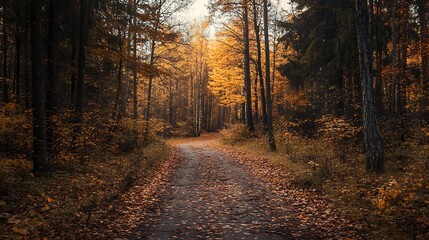 Obraz premium Autumn Forest Path with Golden Light