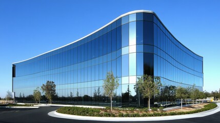 Fototapeta premium Modern building with curved glass facade reflecting sky. Contemporary architectural design against a clear blue backdrop